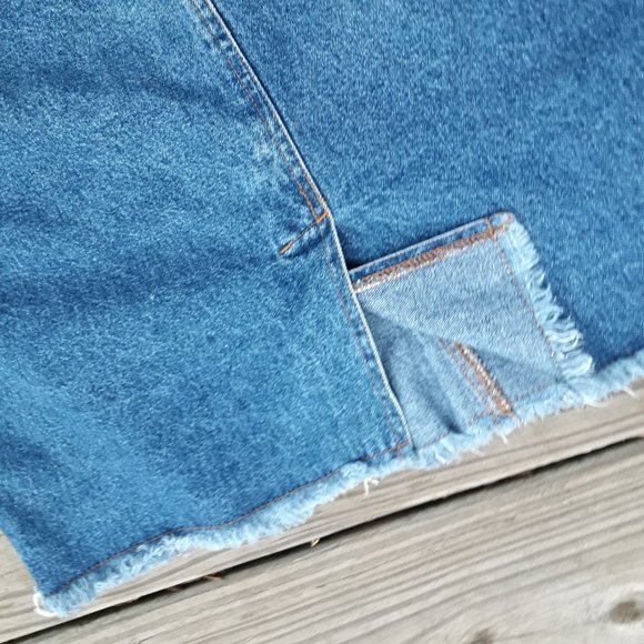 Vintage Denim Skirt Jeans w/ Fringe Aline Mini Distressed Frayed Edge L-XL - Picture 7 of 8